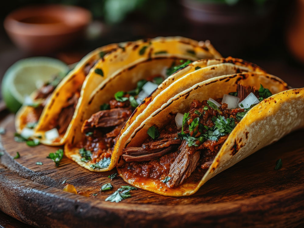 Three meat tacos on a wood plate with a lime in the background